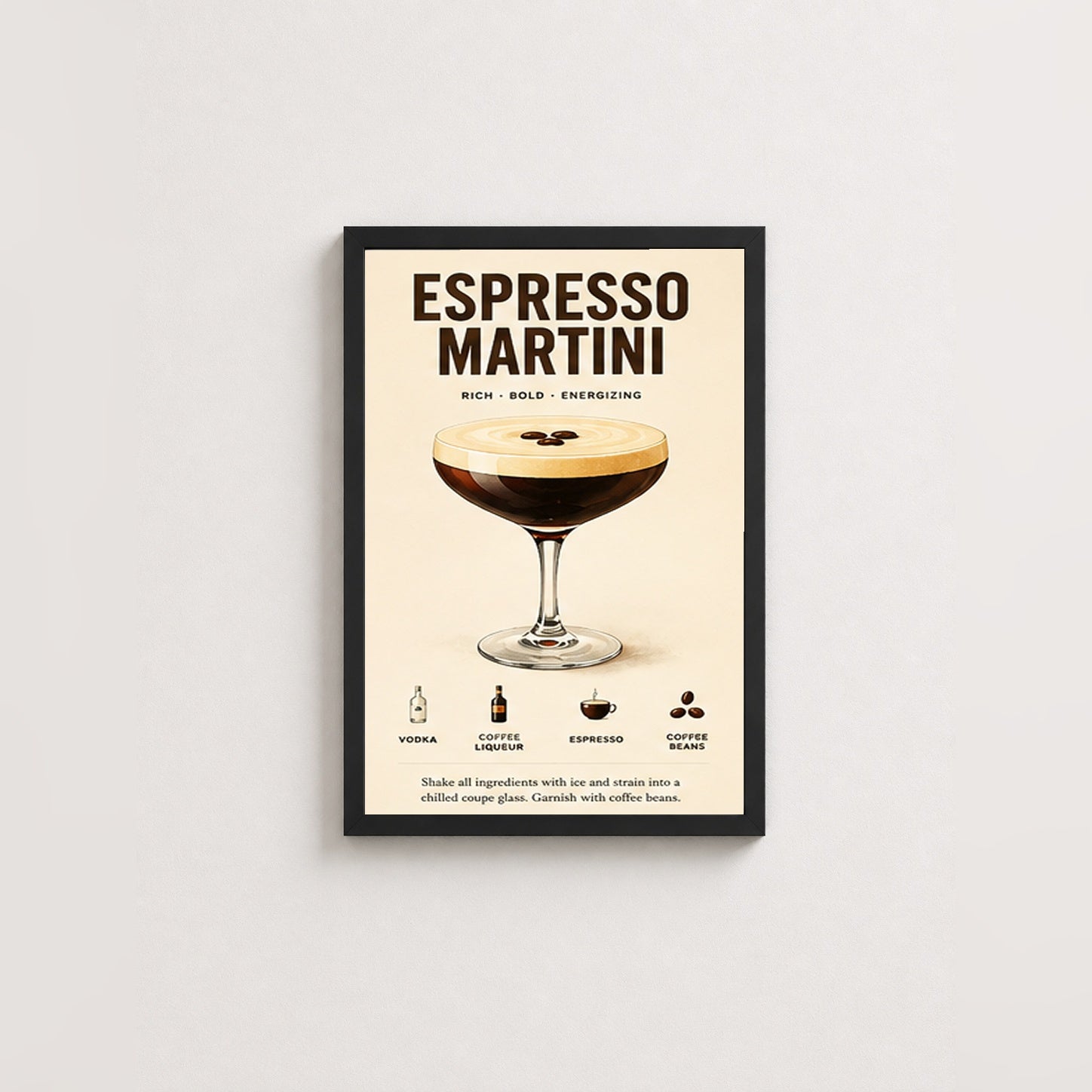 Espresso Martini Keyfi – Vintage Çerçeveli Poster — Siyah — Paspartusuz — TabloLab