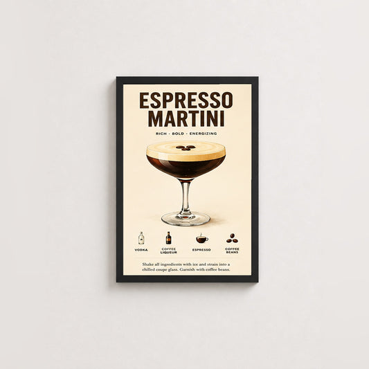 Espresso Martini Keyfi – Vintage Çerçeveli Poster — Siyah — Paspartusuz — TabloLab