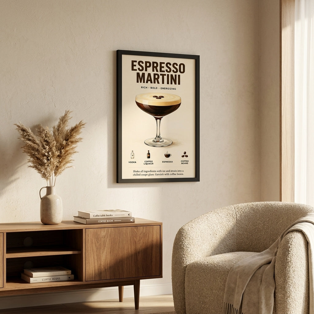 Espresso Martini Keyfi – Vintage Çerçeveli Poster — Siyah — Paspartusuz — TabloLab