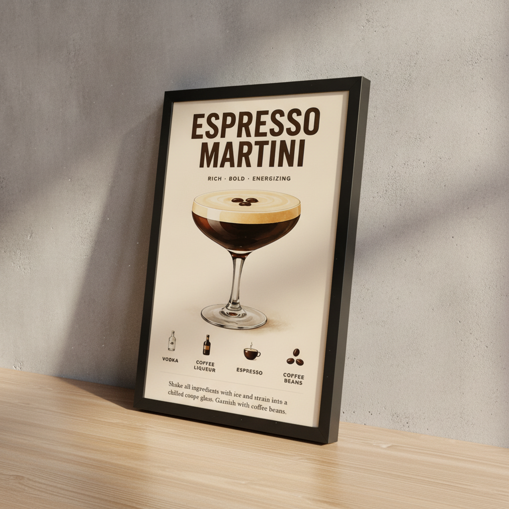 Espresso Martini Keyfi – Vintage Çerçeveli Poster — Siyah — Paspartusuz — TabloLab