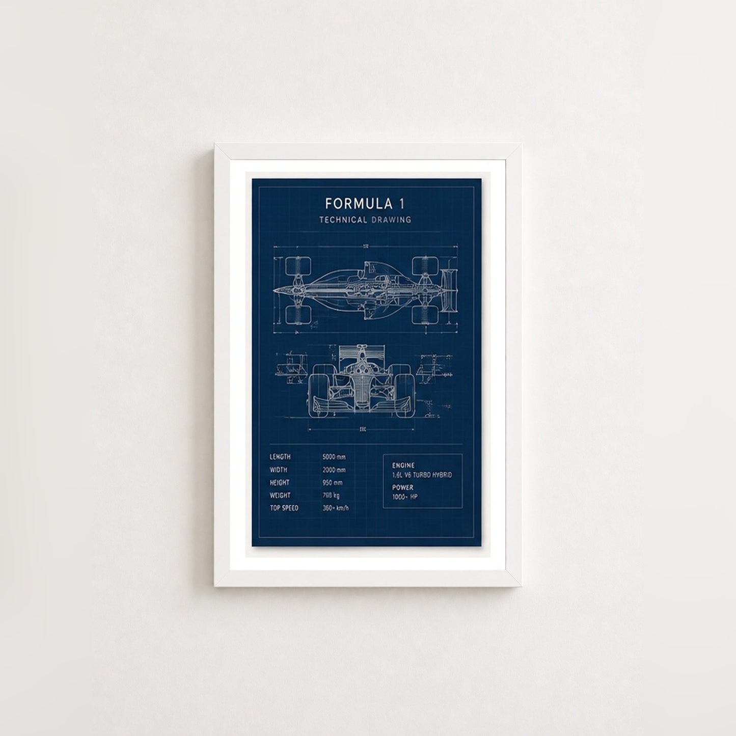 Formula 1 Teknik Çizim – Modern Çerçeveli Poster — Beyaz — Paspartulu — TabloLab