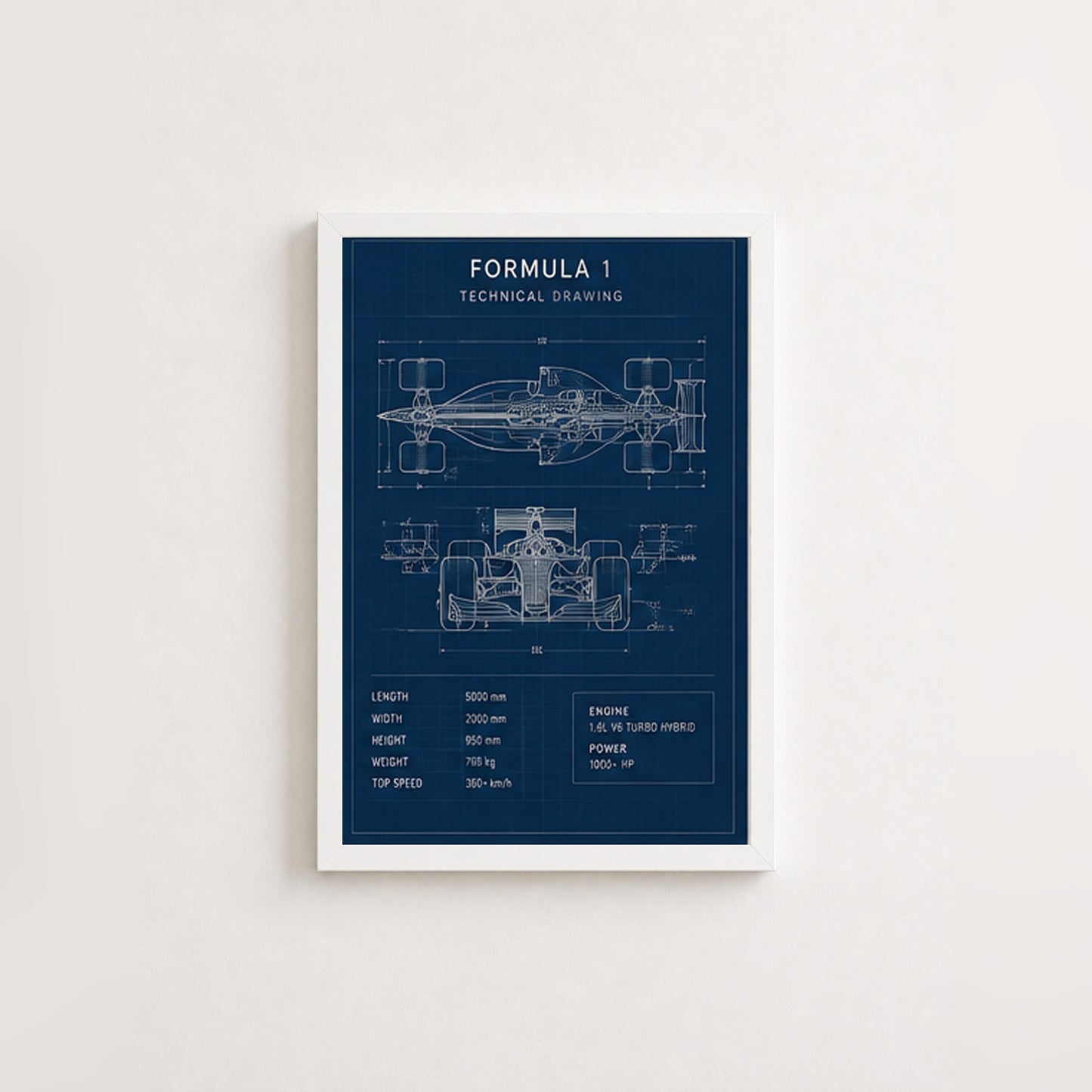 Formula 1 Teknik Çizim – Modern Çerçeveli Poster — Beyaz — Paspartusuz — TabloLab