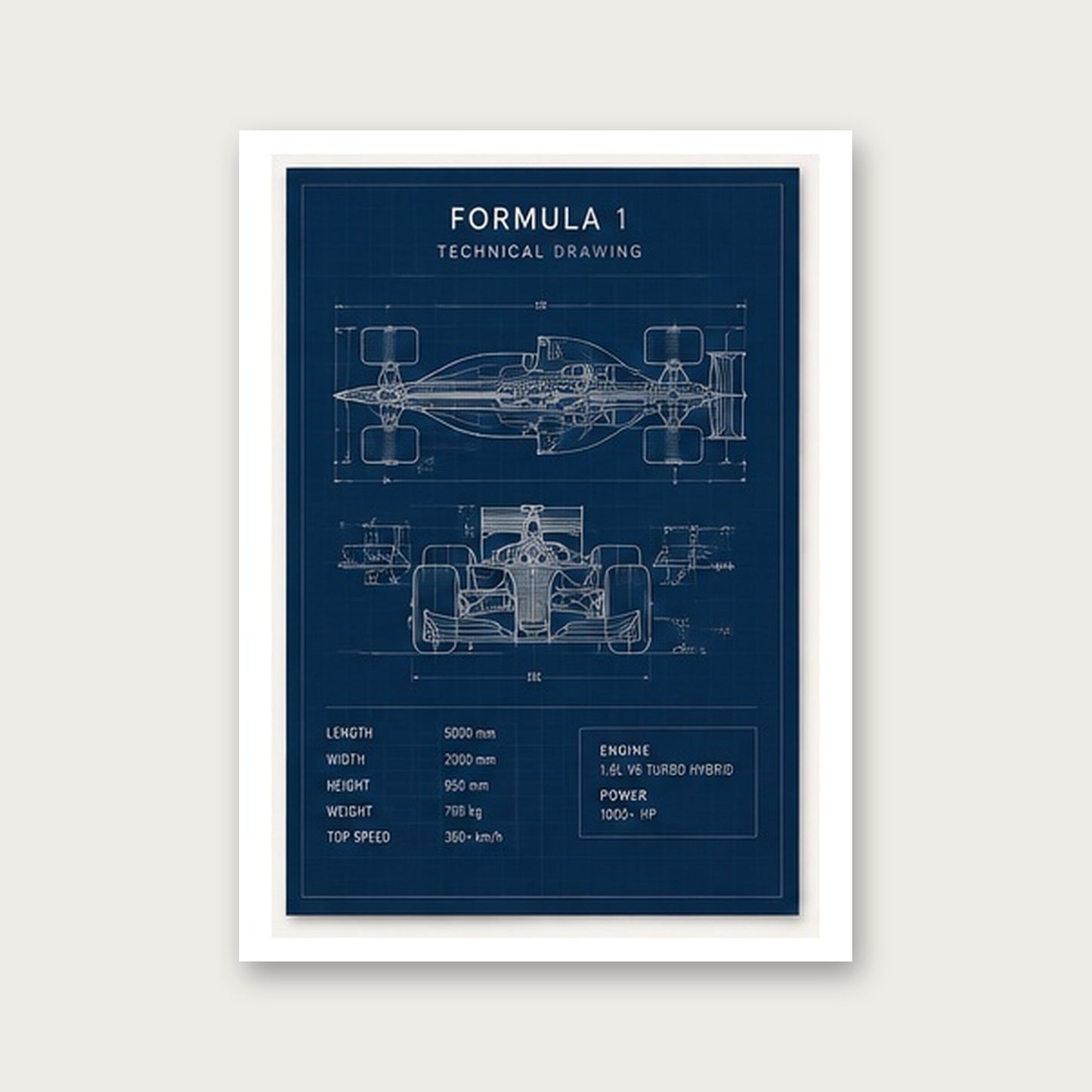 Formula 1 Teknik Çizim – Modern Çerçeveli Poster — Çerçevesiz — Paspartulu — TabloLab