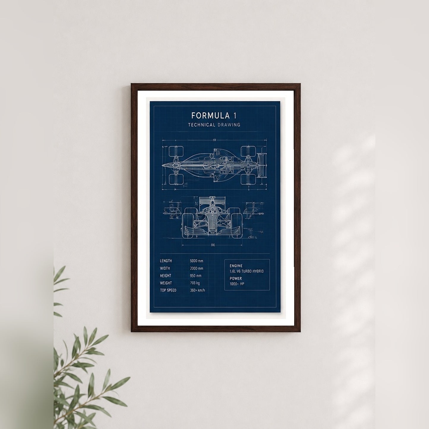 Formula 1 Teknik Çizim – Modern Çerçeveli Poster — Ceviz — Paspartulu — TabloLab