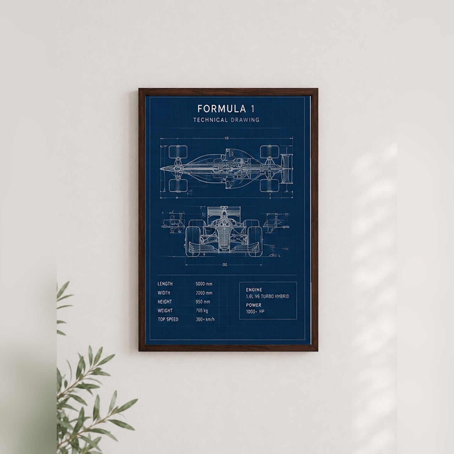 Formula 1 Teknik Çizim – Modern Çerçeveli Poster — Ceviz — Paspartusuz — TabloLab