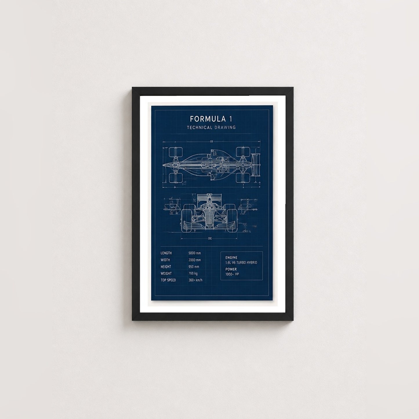 Formula 1 Teknik Çizim – Modern Çerçeveli Poster — Siyah — Paspartulu — TabloLab