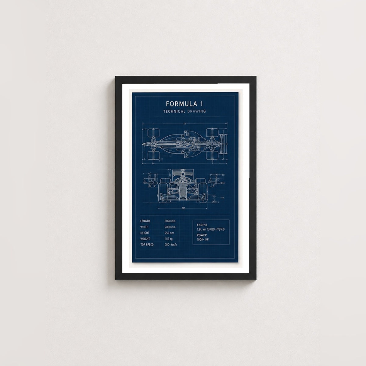 Formula 1 Teknik Çizim – Modern Çerçeveli Poster — Siyah — Paspartulu — TabloLab
