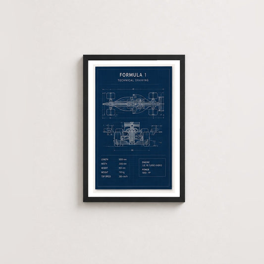 Formula 1 Teknik Çizim – Modern Çerçeveli Poster — Siyah — Paspartulu — TabloLab