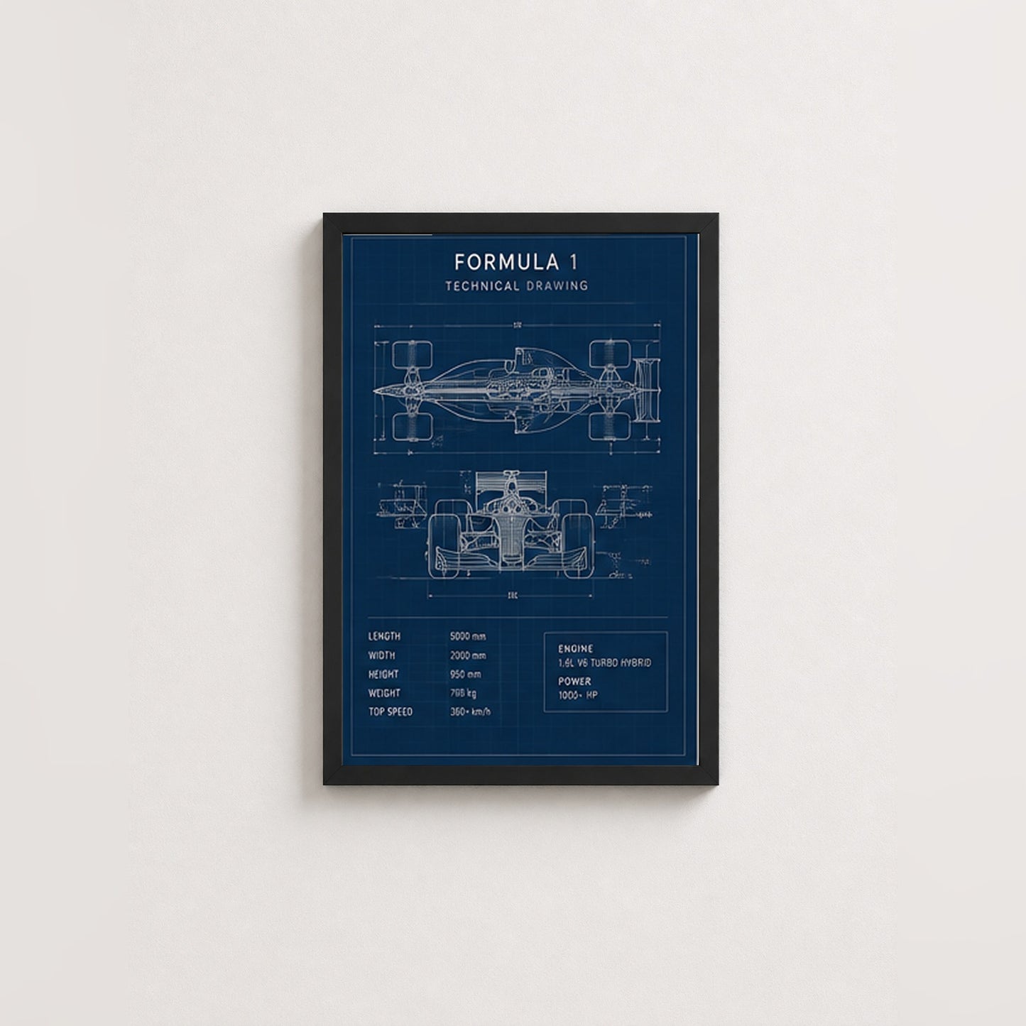 Formula 1 Teknik Çizim – Modern Çerçeveli Poster — Siyah — Paspartusuz — TabloLab