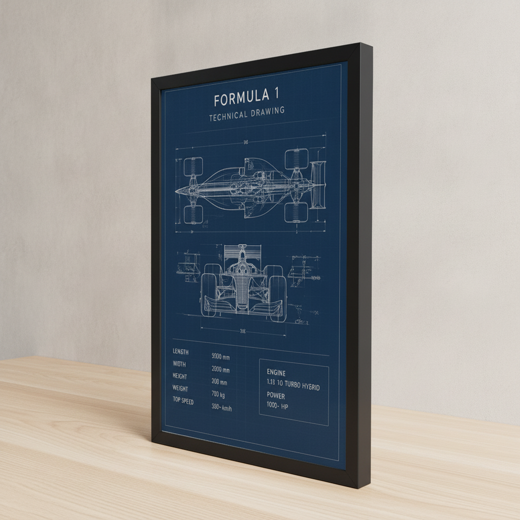 Formula 1 Teknik Çizim – Modern Çerçeveli Poster — Siyah — Paspartusuz — TabloLab