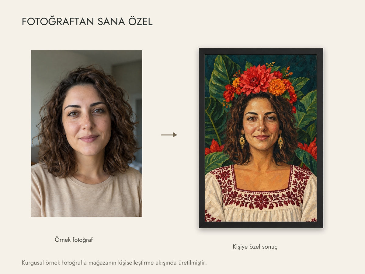 Kurgusal örnek fotoğraf ve aynı fotoğrafın canlı kişiselleştirme sonucu; müşteri fotoğrafı değildir
