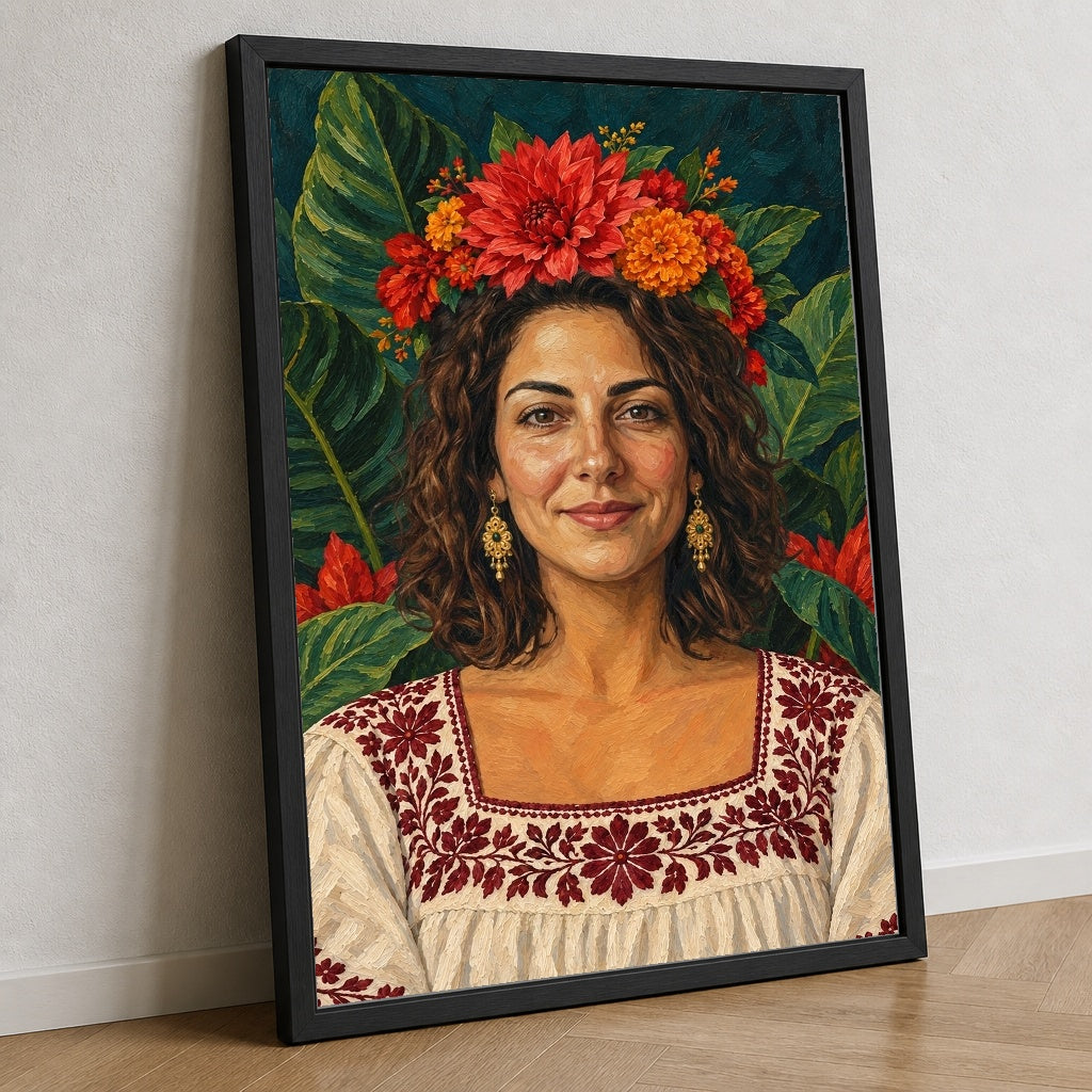 Frida’dan İlhamla Portre — Yakın görünüm; tasarım gerçek çerçeve sahnesine yerleştirilmiştir