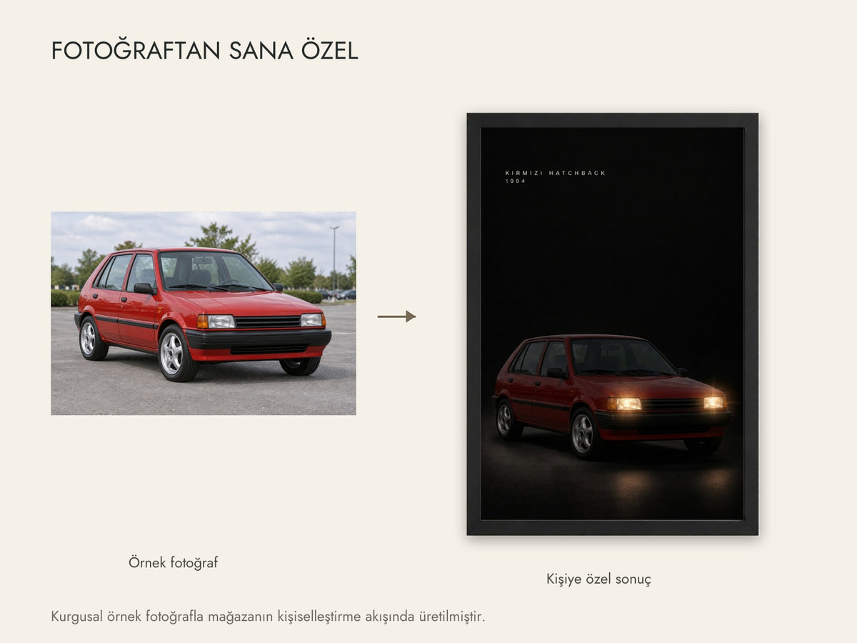 Farklı kurgusal araç fotoğrafı ve farklı yazılarla gerçek canlı kişiselleştirme sonucu