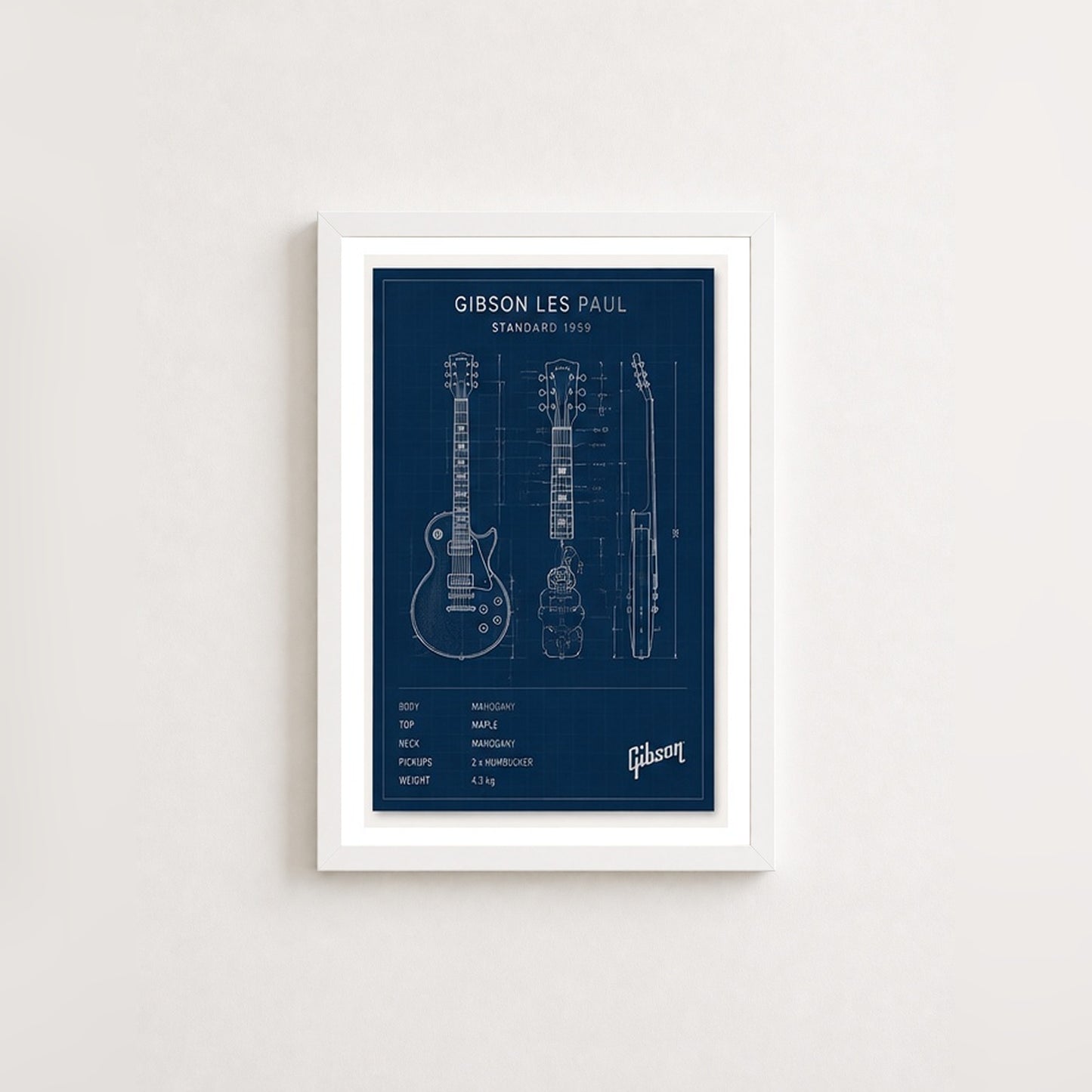Gitar Mühendisliği – Teknik Çizim Çerçeveli Poster — Beyaz — Paspartulu — TabloLab