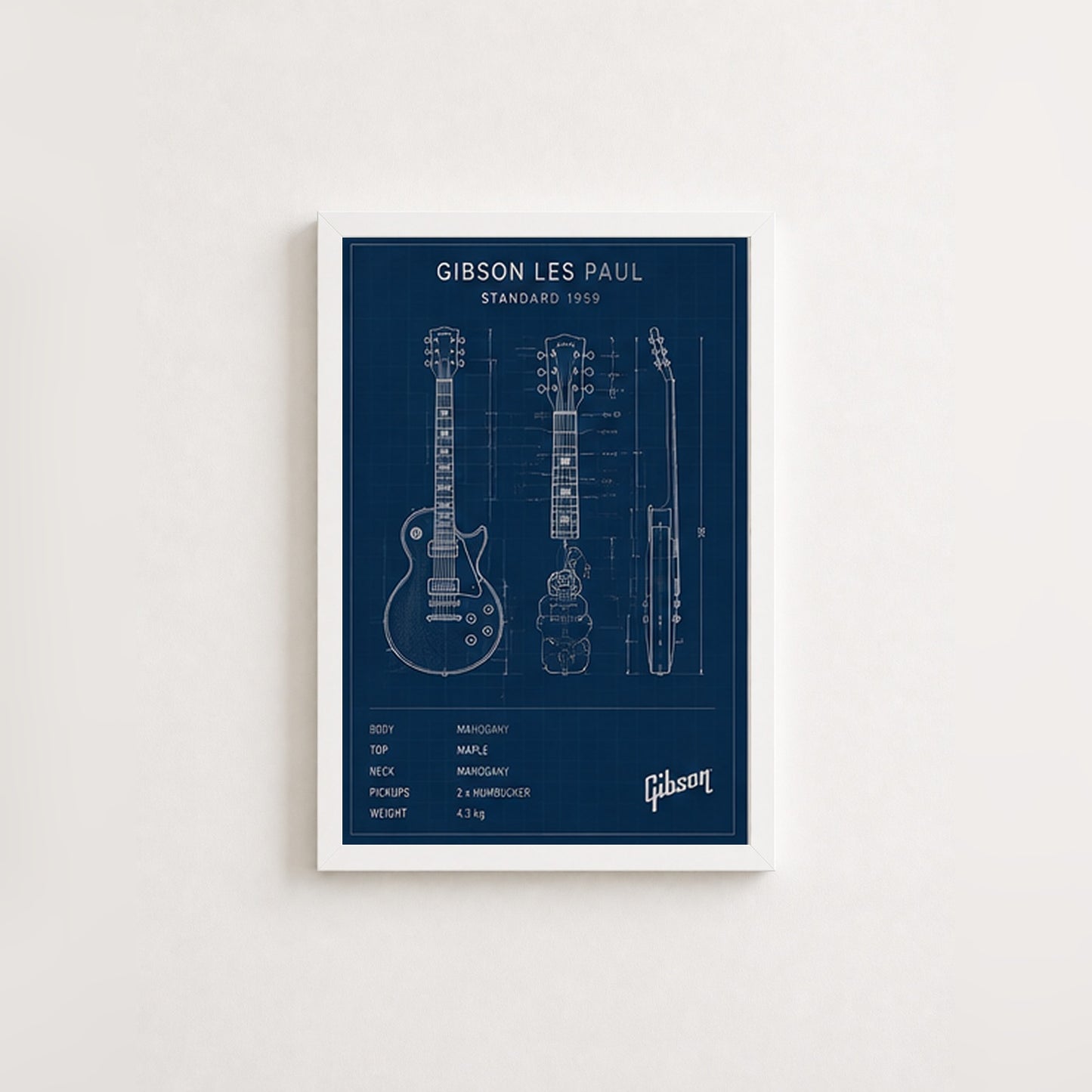 Gitar Mühendisliği – Teknik Çizim Çerçeveli Poster — Beyaz — Paspartusuz — TabloLab