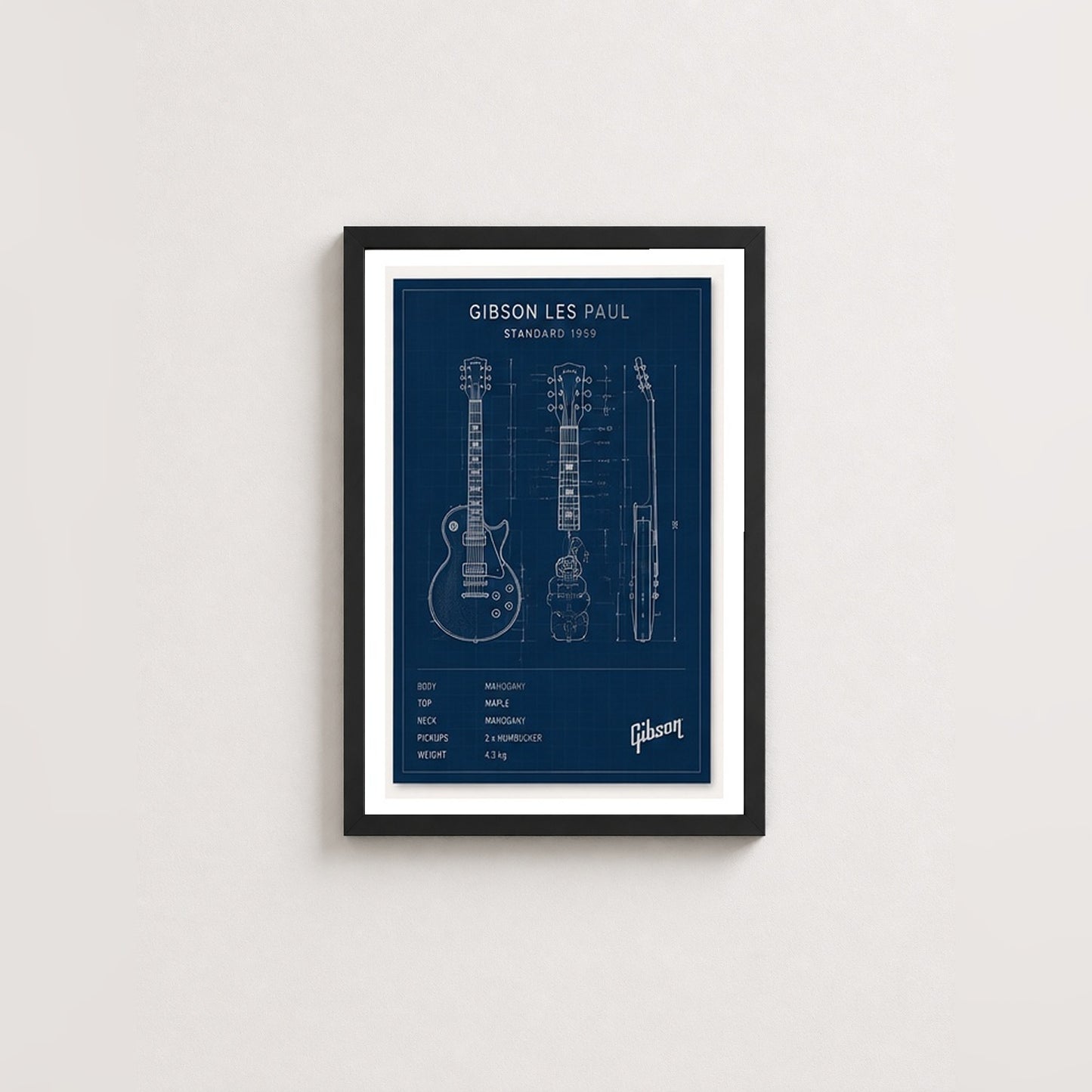 Gitar Mühendisliği – Teknik Çizim Çerçeveli Poster — Siyah — Paspartulu — TabloLab