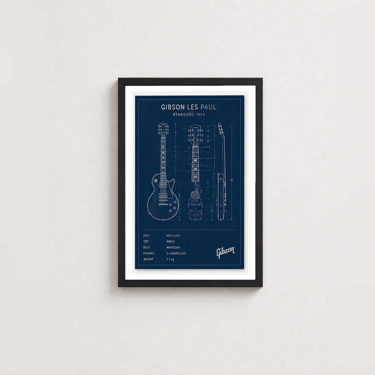 Gitar Mühendisliği – Teknik Çizim Çerçeveli Poster — Siyah — Paspartulu — TabloLab
