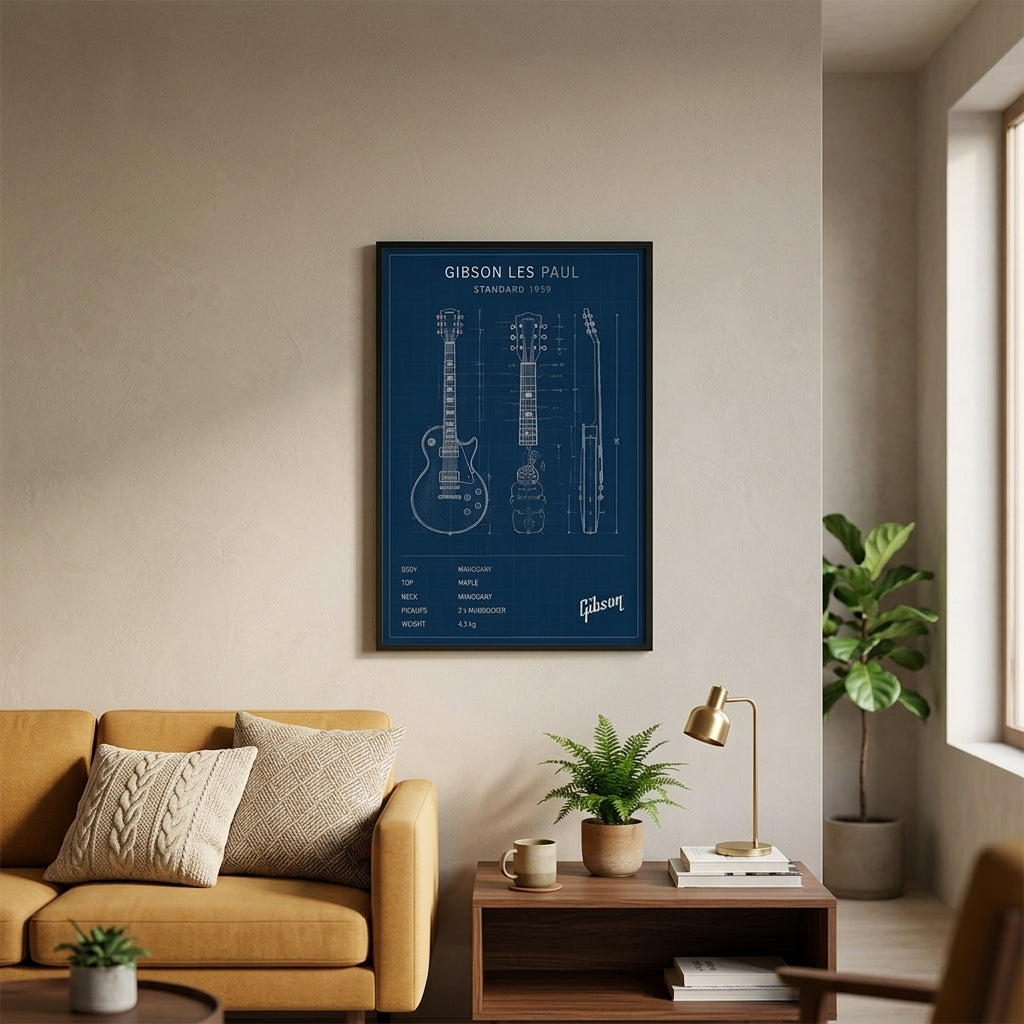 Gitar Mühendisliği – Teknik Çizim Çerçeveli Poster — Siyah — Paspartusuz — TabloLab