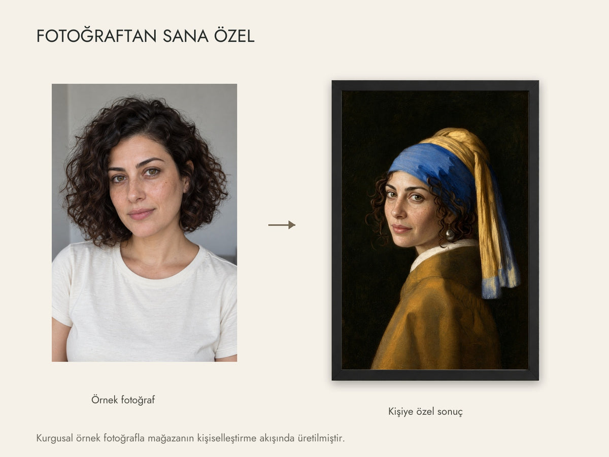 Kurgusal örnek fotoğraf ve aynı fotoğrafın canlı kişiselleştirme sonucu; müşteri fotoğrafı değildir