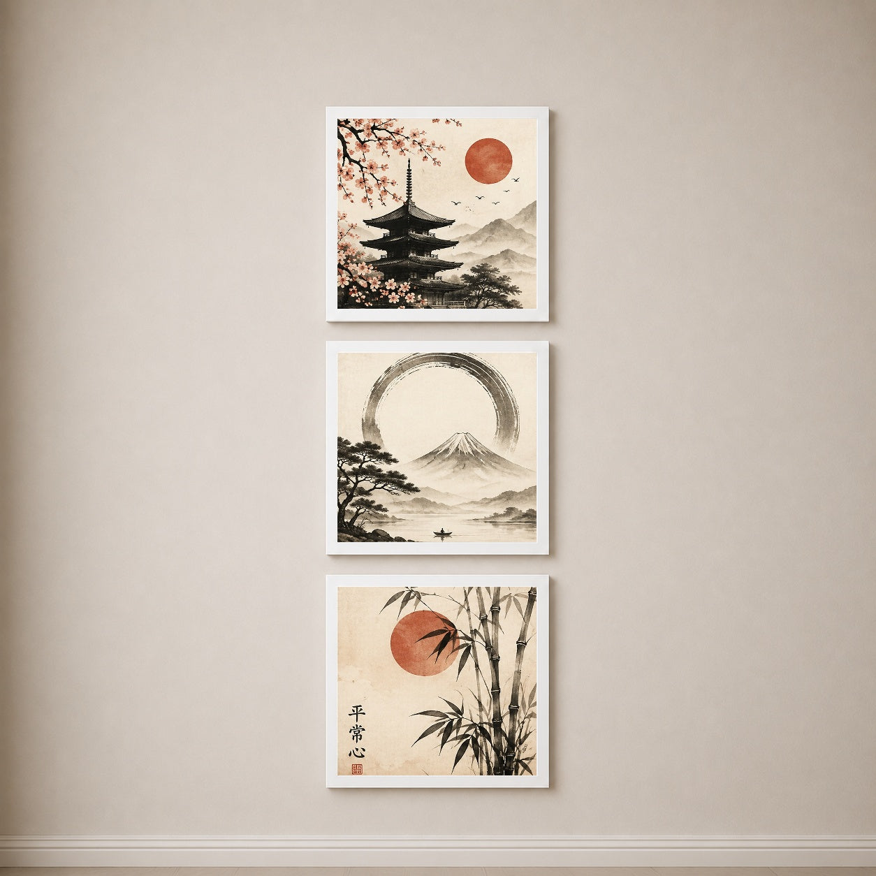 Japanese Calm 3’lü Tablo Seti | Japandi Duvar Dekoru | Japon Zen Sanatı | Fuji Dağı, Sakura ve Bambu Posterleri | Minimal Ev Dekorasyonu — Beyaz — Tam Baskı — TabloLab