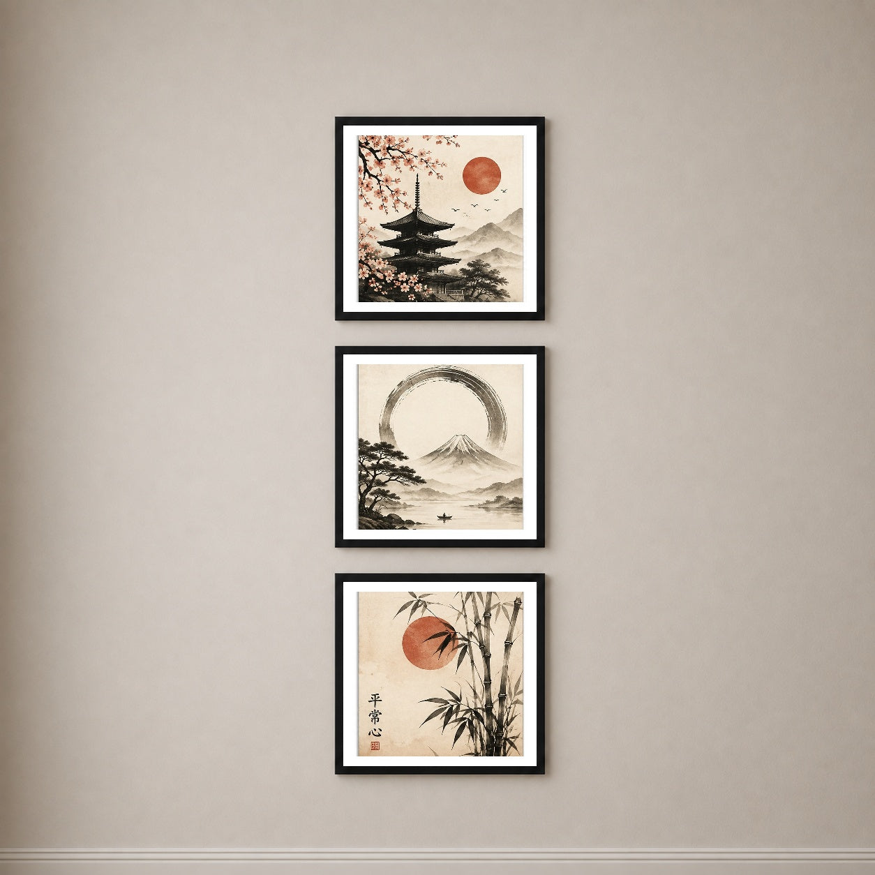 Japanese Calm 3’lü Tablo Seti | Japandi Duvar Dekoru | Japon Zen Sanatı | Fuji Dağı, Sakura ve Bambu Posterleri | Minimal Ev Dekorasyonu — Siyah — Beyaz Kenarlı — TabloLab