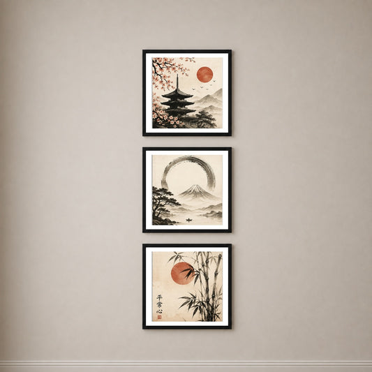 Japanese Calm 3’lü Tablo Seti | Japandi Duvar Dekoru | Japon Zen Sanatı | Fuji Dağı, Sakura ve Bambu Posterleri | Minimal Ev Dekorasyonu — Siyah — Beyaz Kenarlı — TabloLab