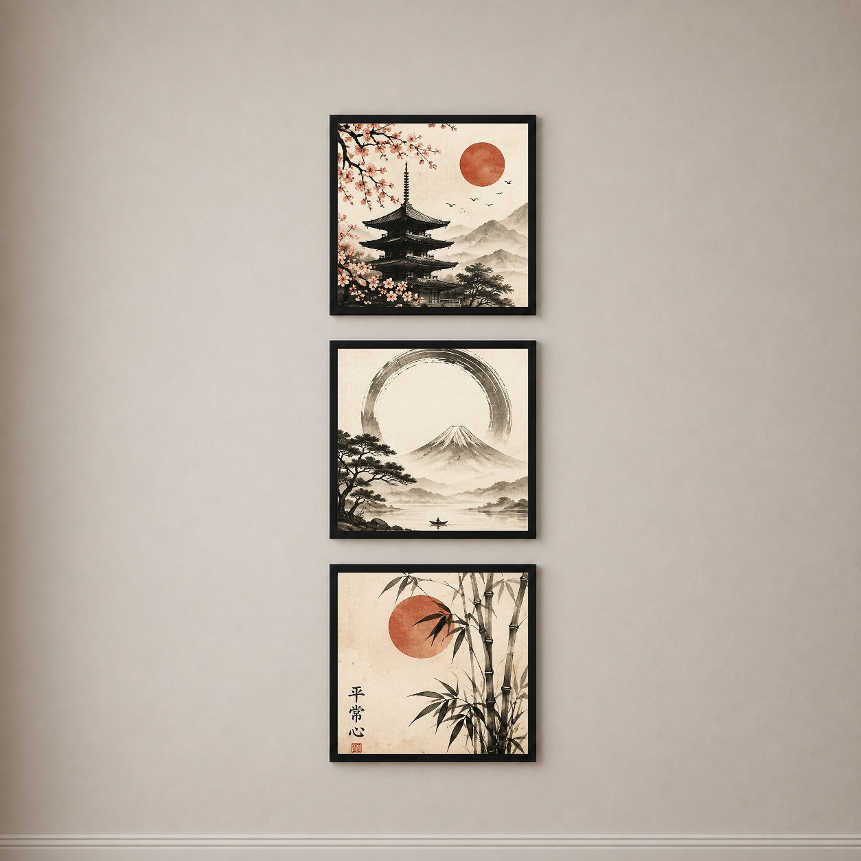 Japanese Calm 3’lü Tablo Seti | Japandi Duvar Dekoru | Japon Zen Sanatı | Fuji Dağı, Sakura ve Bambu Posterleri | Minimal Ev Dekorasyonu — Siyah — Tam Baskı — TabloLab