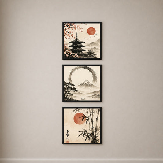 Japanese Calm 3’lü Tablo Seti | Japandi Duvar Dekoru | Japon Zen Sanatı | Fuji Dağı, Sakura ve Bambu Posterleri | Minimal Ev Dekorasyonu — Siyah — Tam Baskı — TabloLab
