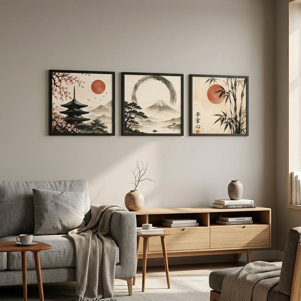 Japanese Calm 3’lü Tablo Seti | Japandi Duvar Dekoru | Japon Zen Sanatı | Fuji Dağı, Sakura ve Bambu Posterleri | Minimal Ev Dekorasyonu — Siyah — Tam Baskı — TabloLab