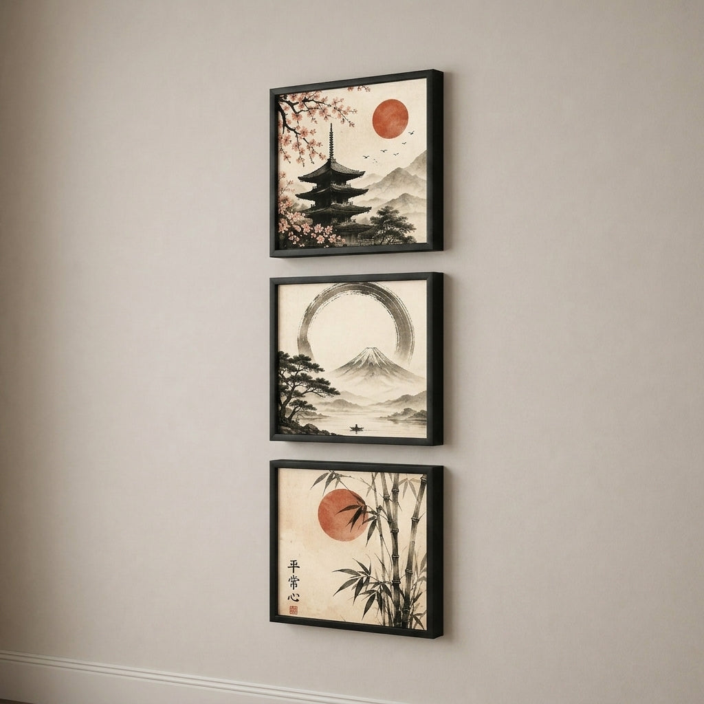 Japanese Calm 3’lü Tablo Seti | Japandi Duvar Dekoru | Japon Zen Sanatı | Fuji Dağı, Sakura ve Bambu Posterleri | Minimal Ev Dekorasyonu — Siyah — Tam Baskı — TabloLab