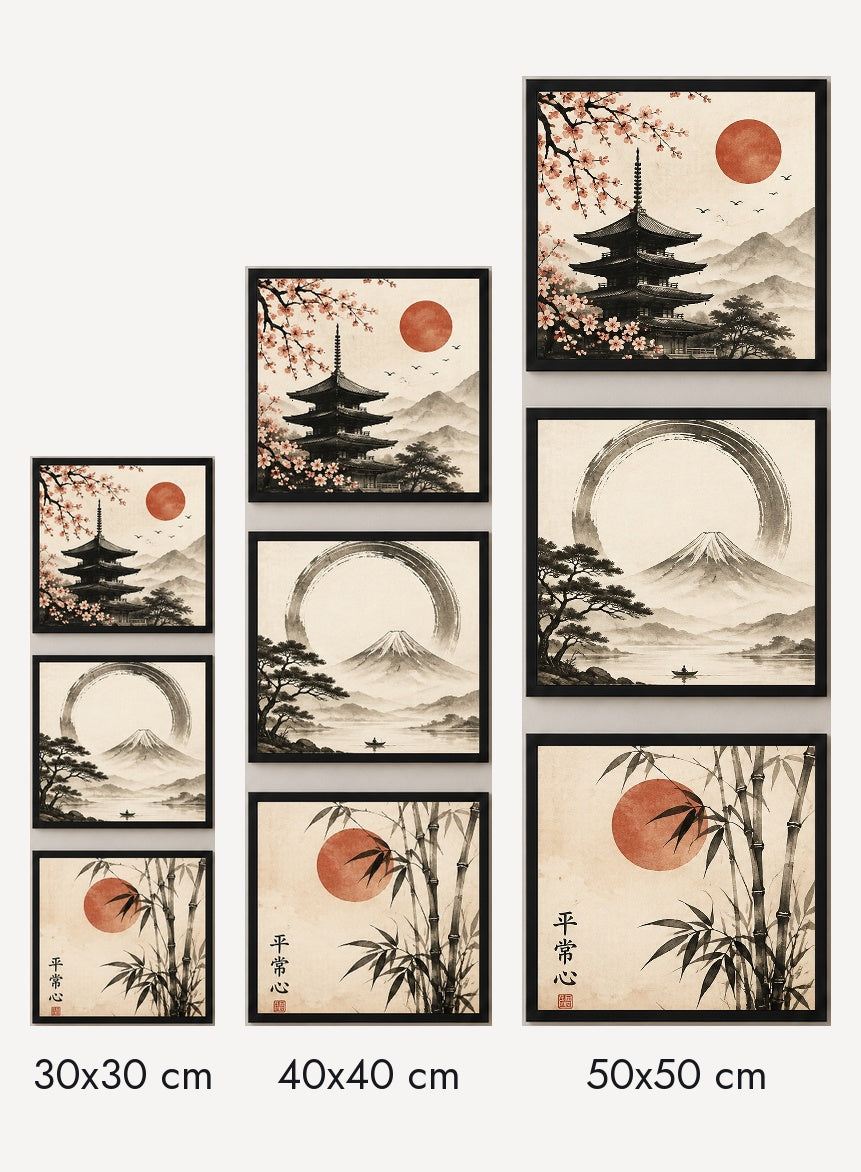Japanese Calm 3’lü Tablo Seti | Japandi Duvar Dekoru | Japon Zen Sanatı | Fuji Dağı, Sakura ve Bambu Posterleri | Minimal Ev Dekorasyonu — Siyah — Tam Baskı — TabloLab