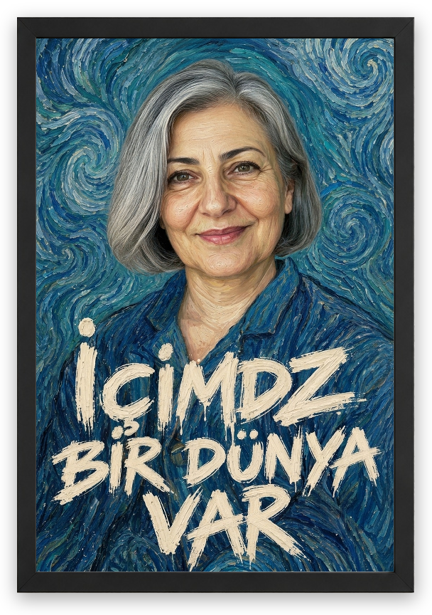 Aynı örnek fotoğrafla farklı söz: İÇİMDE BİR DÜNYA VAR — gerçek kişiselleştirme sonucu