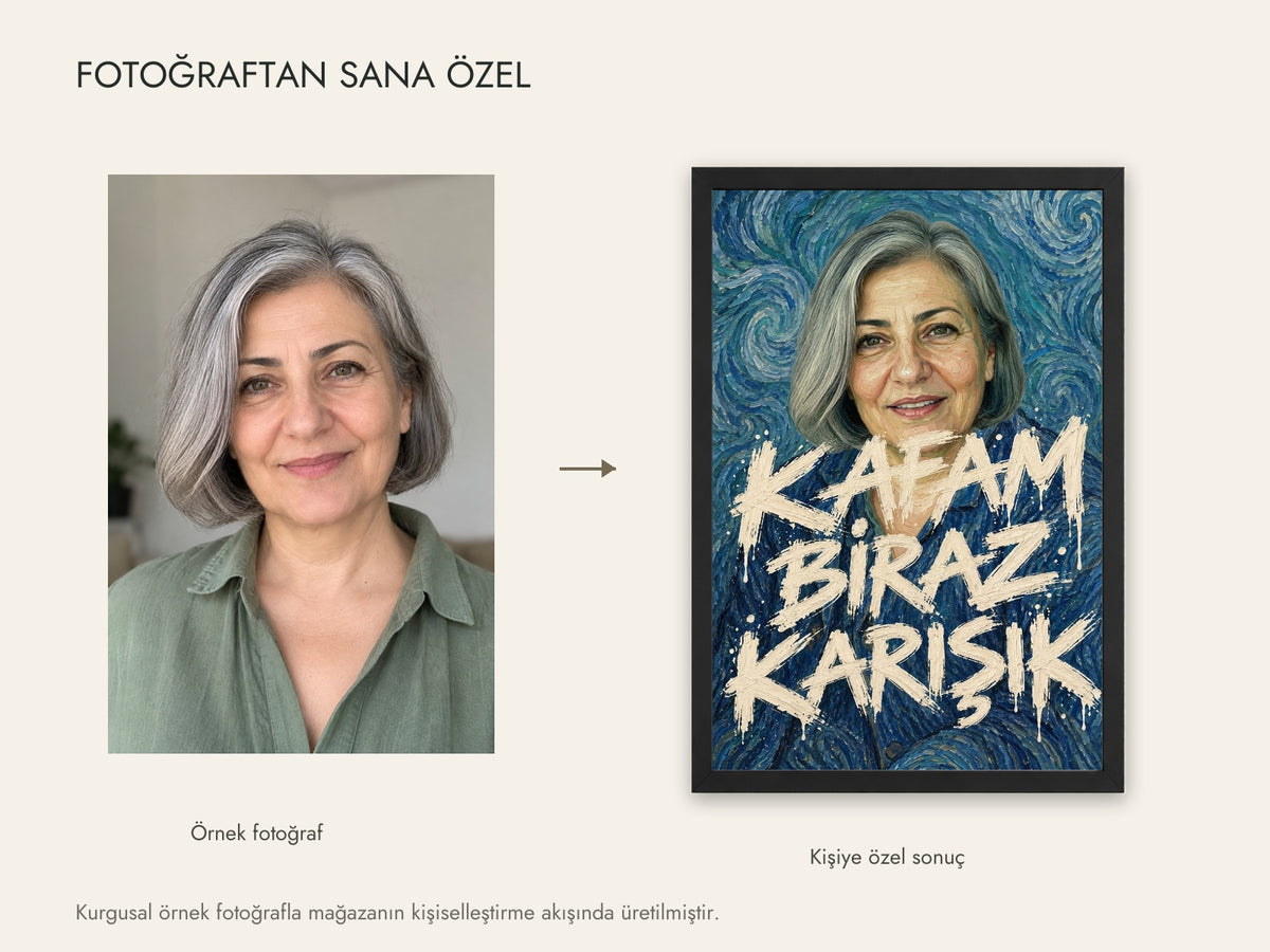 Kurgusal örnek fotoğraf ve aynı fotoğrafın canlı kişiselleştirme sonucu; müşteri fotoğrafı değildir