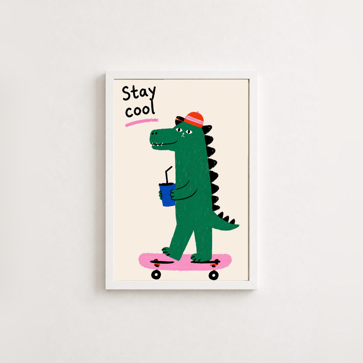 Kaykayda Dinozor – İllüstrasyon Çerçeveli Poster — Beyaz — Tam Baskı — TabloLab