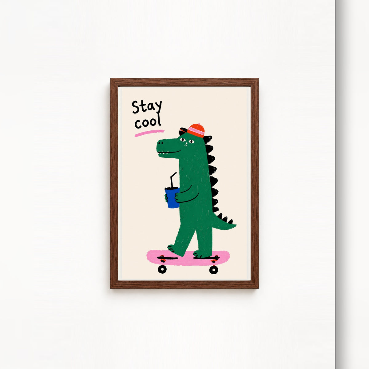 Kaykayda Dinozor – İllüstrasyon Çerçeveli Poster — Ceviz — Beyaz Kenarlı — TabloLab