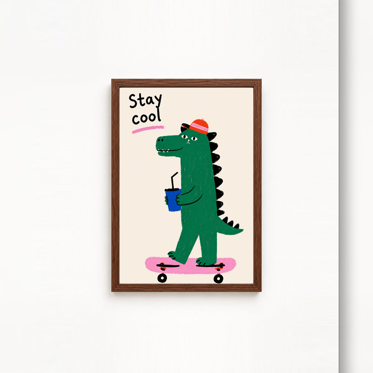 Kaykayda Dinozor – İllüstrasyon Çerçeveli Poster — Ceviz — Tam Baskı — TabloLab