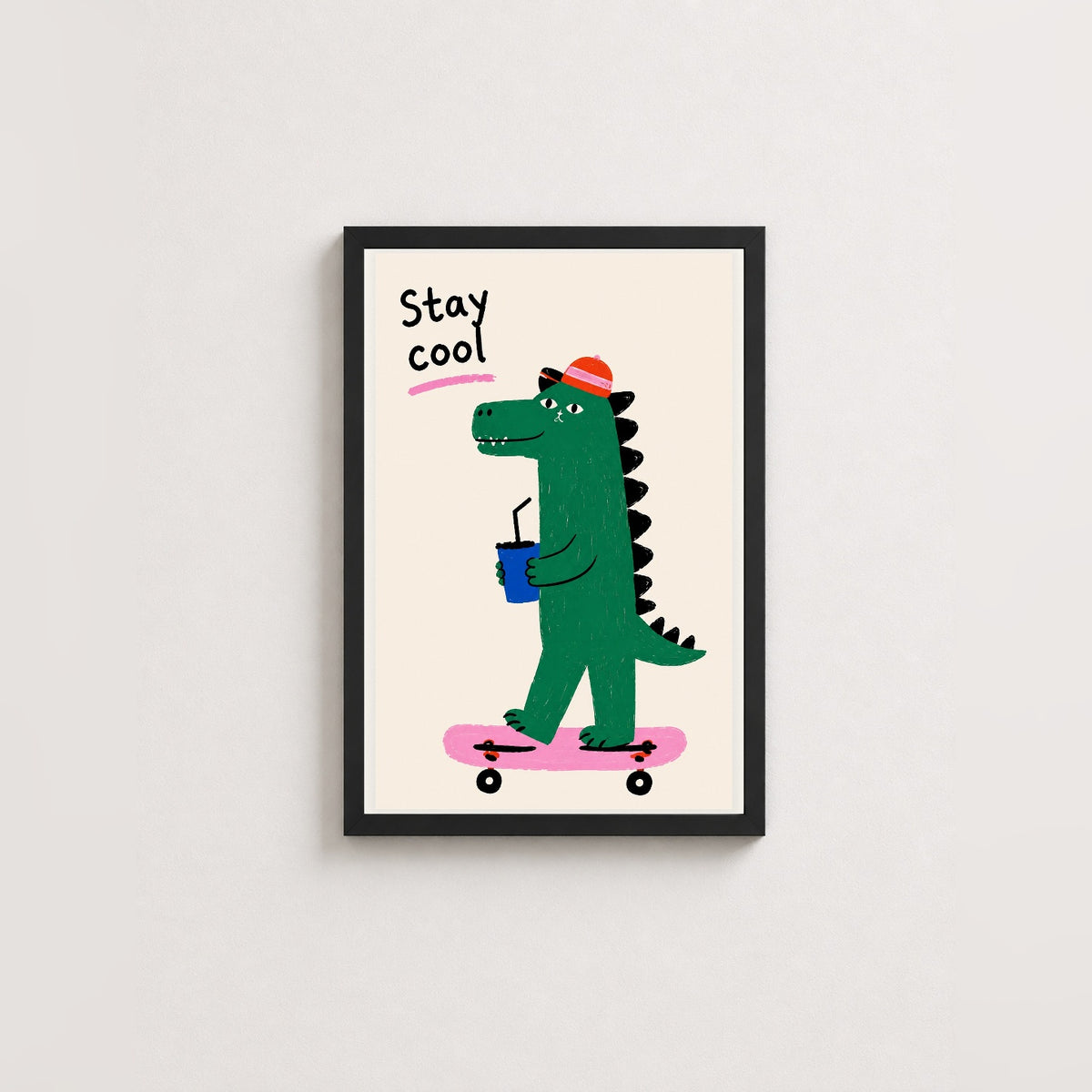 Kaykayda Dinozor – İllüstrasyon Çerçeveli Poster — Siyah — Beyaz Kenarlı — TabloLab