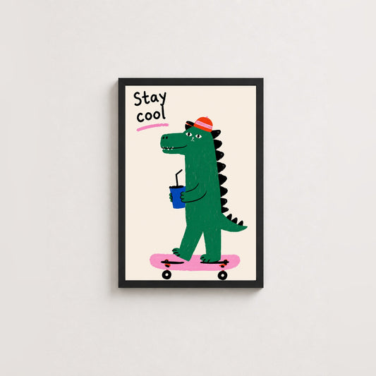 Kaykayda Dinozor – İllüstrasyon Çerçeveli Poster — Siyah — Tam Baskı — TabloLab