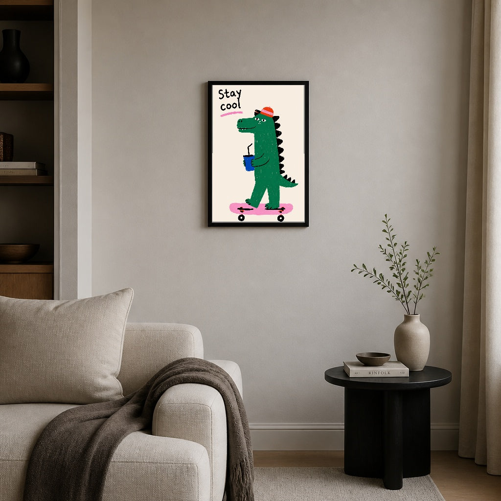 Kaykayda Dinozor – İllüstrasyon Çerçeveli Poster — Siyah — Tam Baskı — TabloLab