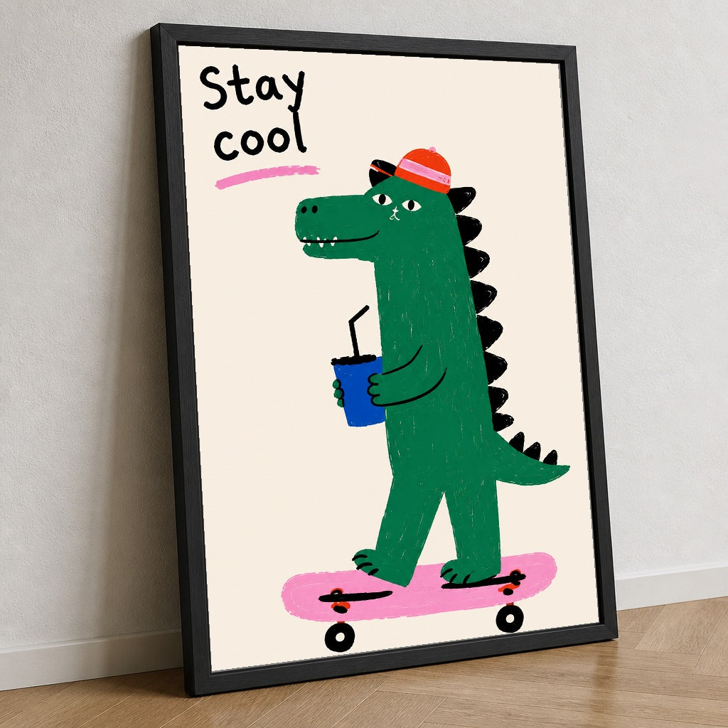 Kaykayda Dinozor – İllüstrasyon Çerçeveli Poster — Siyah — Tam Baskı — TabloLab