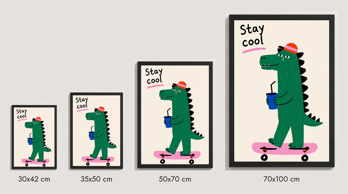 Kaykayda Dinozor – İllüstrasyon Çerçeveli Poster — Siyah — Tam Baskı — TabloLab