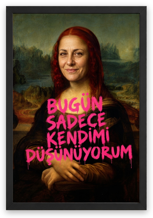 Aynı örnek fotoğrafla farklı söz: BUGÜN SADECE KENDİMİ DÜŞÜNÜYORUM — gerçek kişiselleştirme sonucu