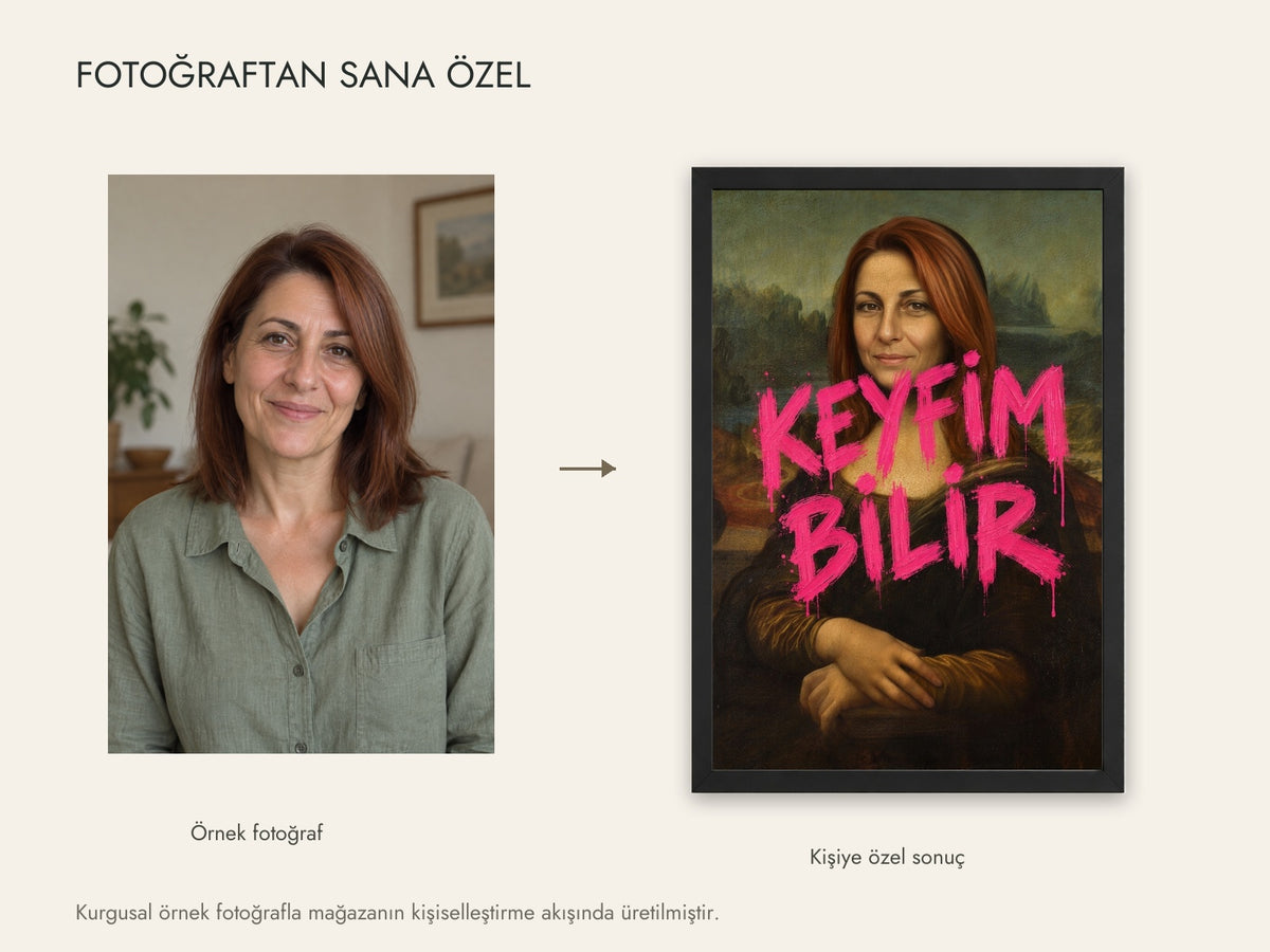 Kurgusal örnek fotoğraf ve aynı fotoğrafın canlı kişiselleştirme sonucu; müşteri fotoğrafı değildir