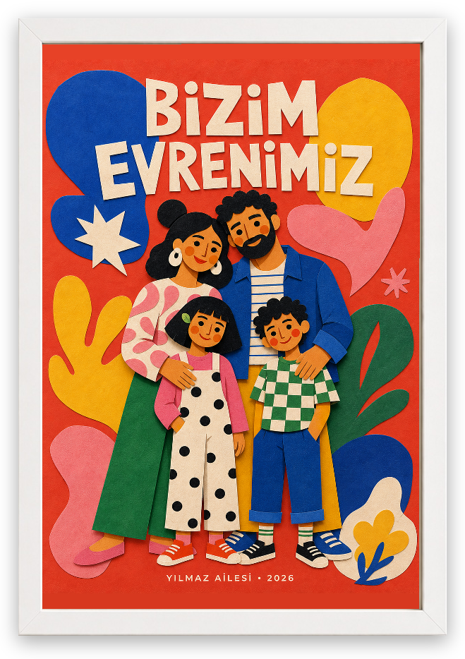 Kişiye Özel Renkli Aile Tablosu — Beyaz Çerçeve — TabloLab