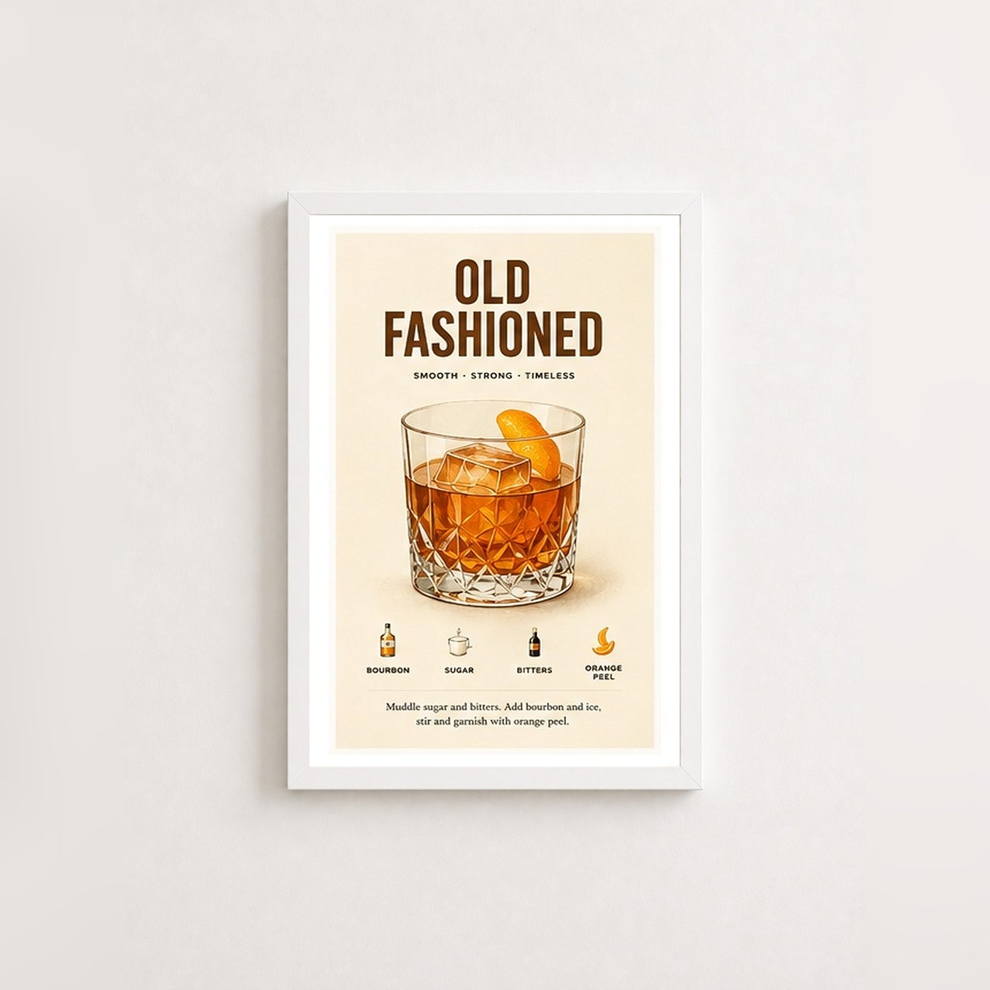 Klasik Old Fashioned Tarifi – Vintage Çerçeveli Poster — Beyaz — Paspartulu — TabloLab