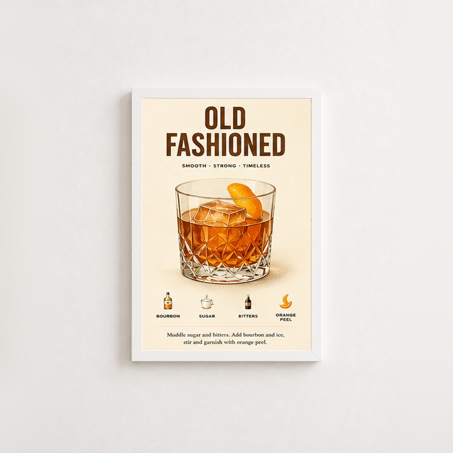 Klasik Old Fashioned Tarifi – Vintage Çerçeveli Poster — Beyaz — Paspartusuz — TabloLab