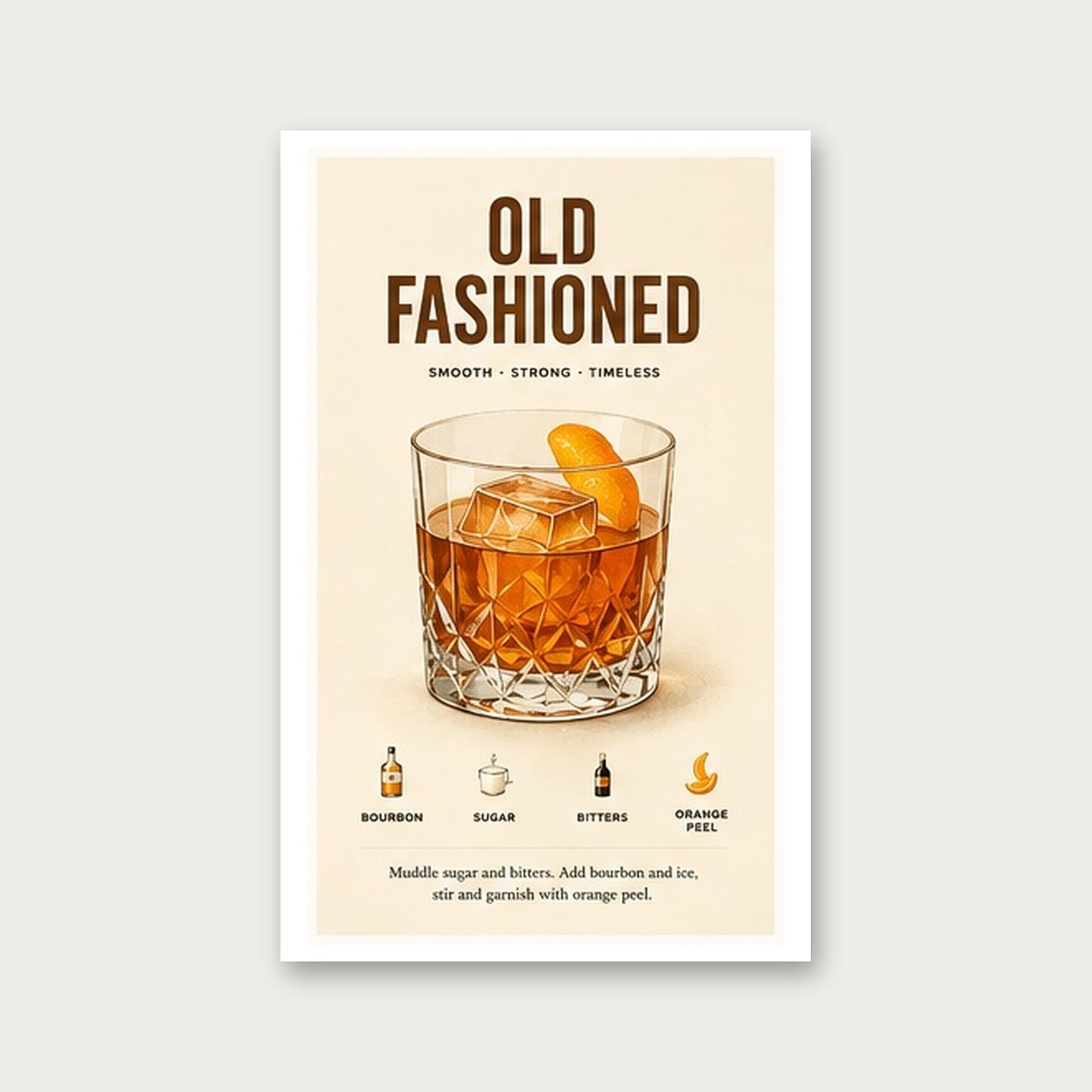 Klasik Old Fashioned Tarifi – Vintage Çerçeveli Poster — Çerçevesiz — Paspartulu — TabloLab