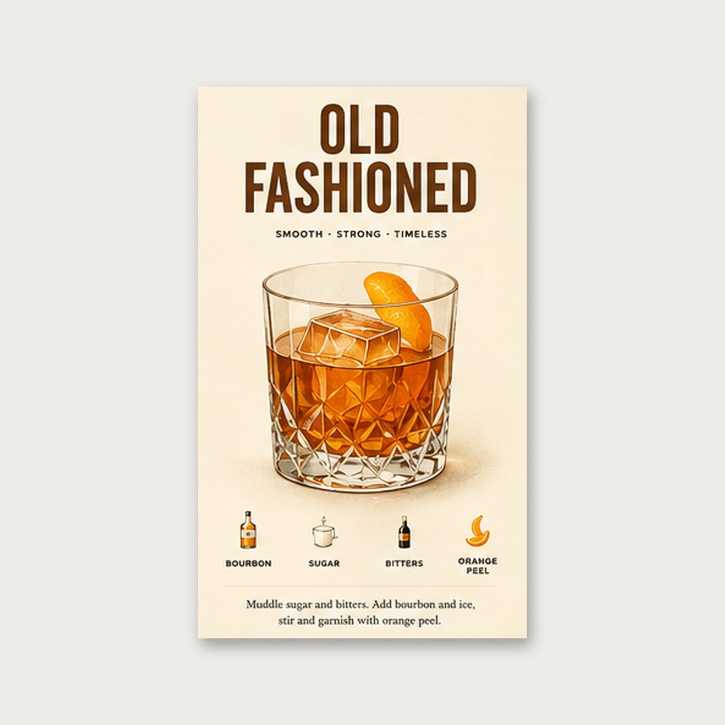 Klasik Old Fashioned Tarifi – Vintage Çerçeveli Poster — Çerçevesiz — Paspartusuz — TabloLab