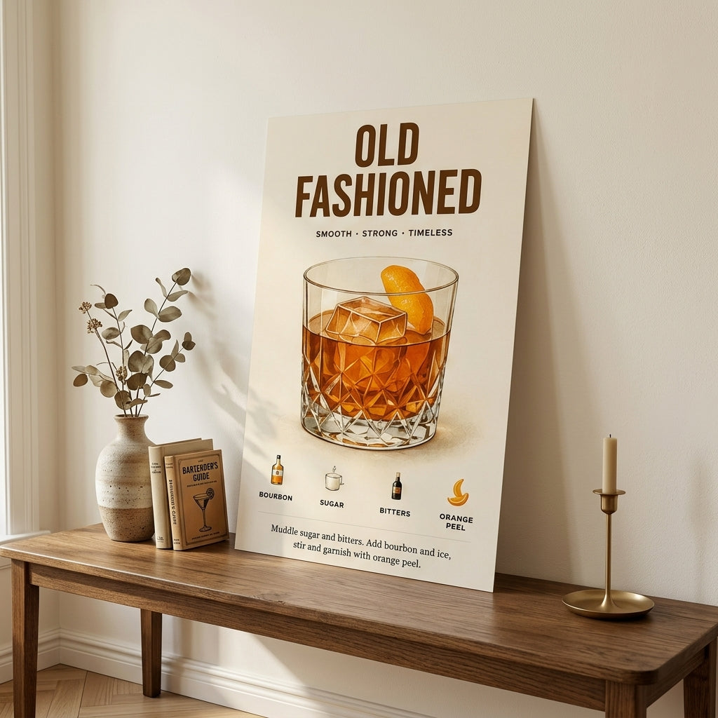 Klasik Old Fashioned Tarifi – Vintage Çerçeveli Poster — Çerçevesiz — Paspartusuz — TabloLab