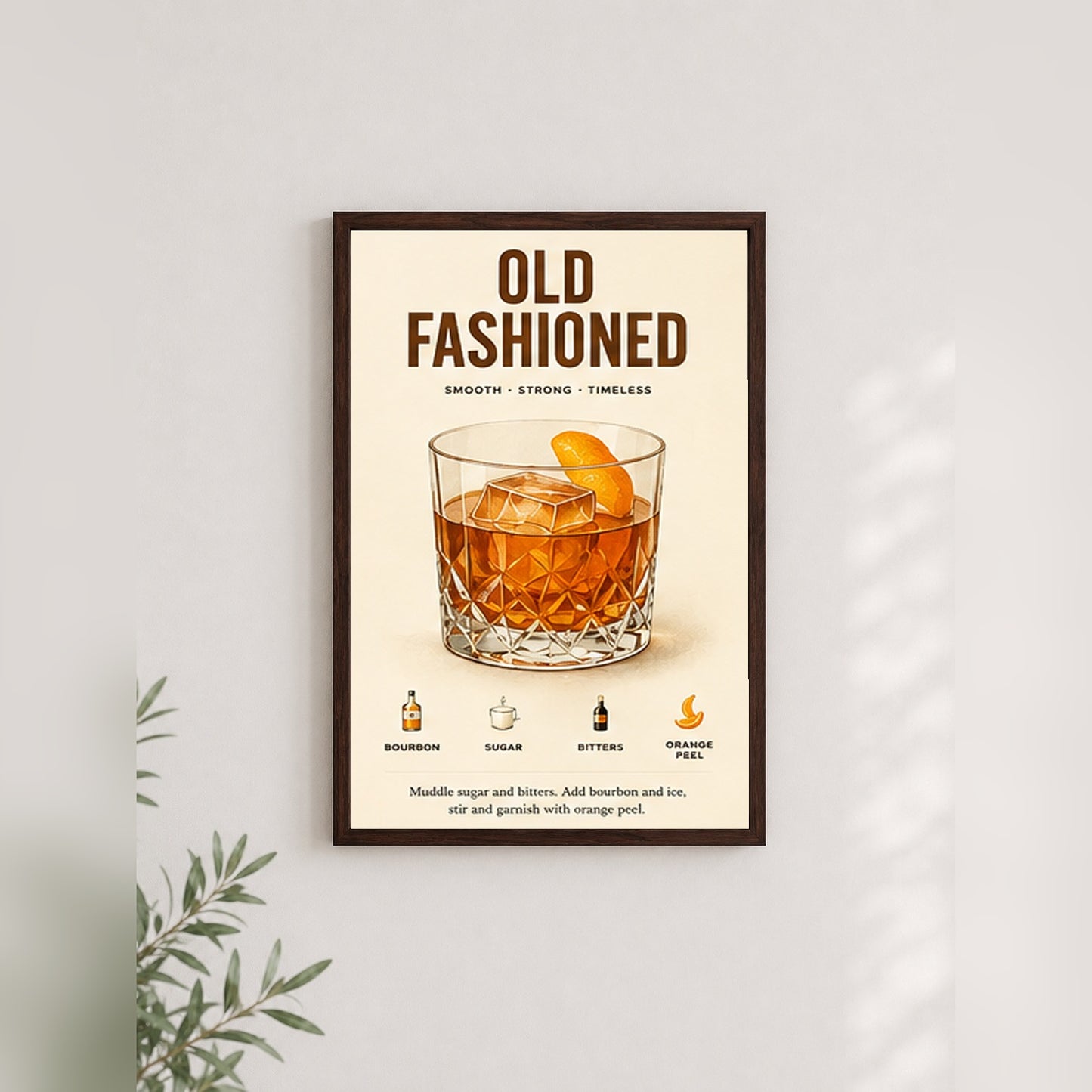 Klasik Old Fashioned Tarifi – Vintage Çerçeveli Poster — Ceviz — Paspartusuz — TabloLab
